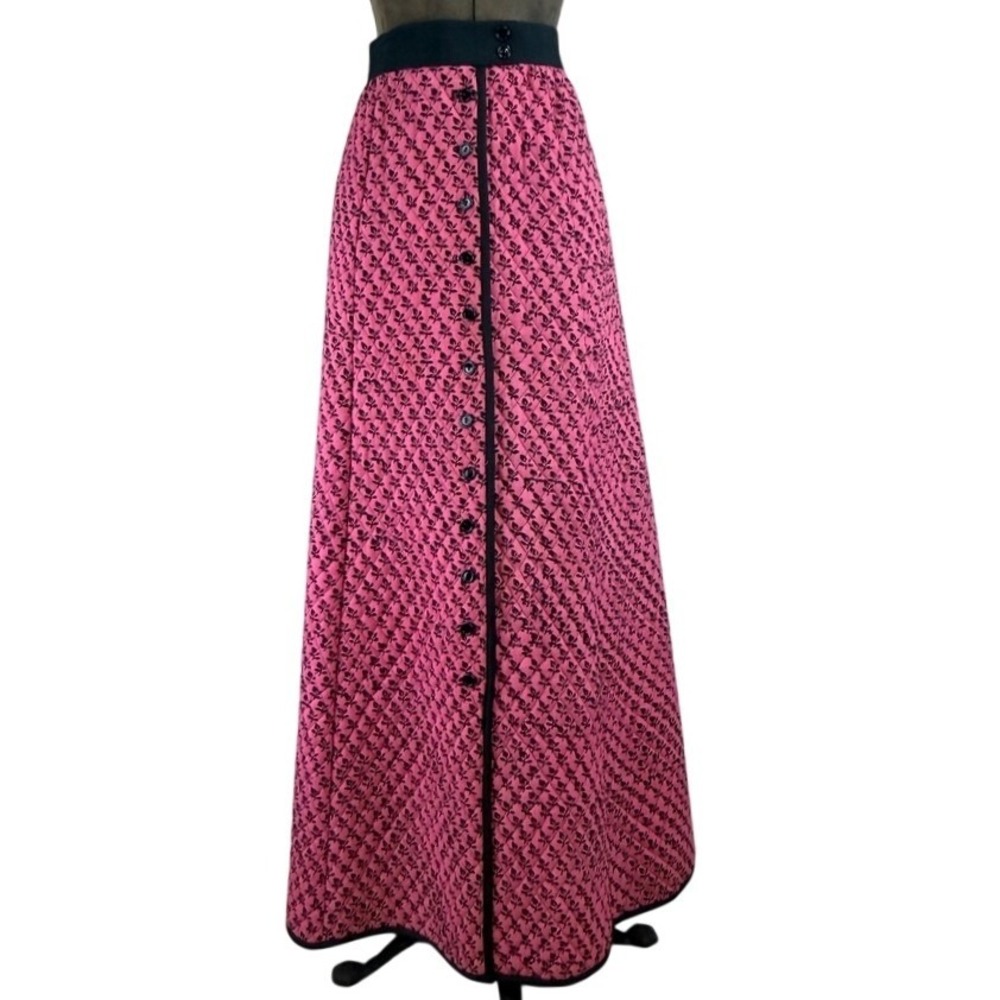Vintage YOUTH GUILD Skirt‎ (S) 70s Quilted Maxi Pink Black Floral Button Prairie